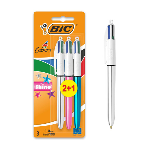 BIC BIC 4 Colours Pens Multicolour Shine - Assorted Metallic Barrel Retractable Ballpoint Pens - Pack o