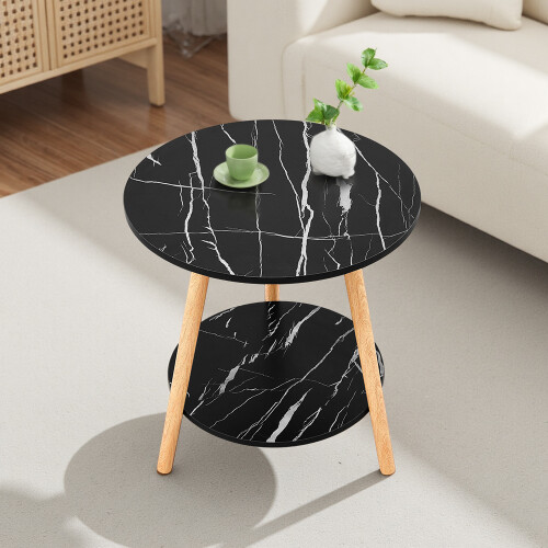 Living And Home 50cm Black Double-Tier Round Wooden Side Table