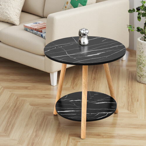 Living And Home 50cm Black Double-Tier Round Wooden Side Table 1