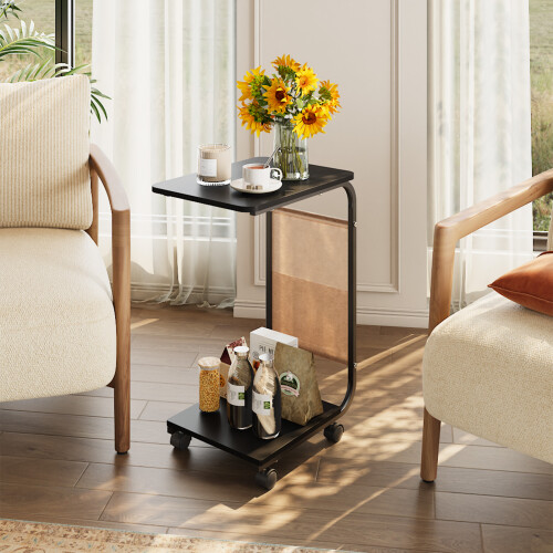 Living And Home C-Shaped Side Table with Storage Bag, Black 1
