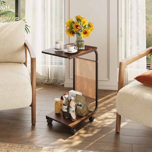 Living And Home C-Shaped Side Table with Storage Bag, Dark Walnut 1