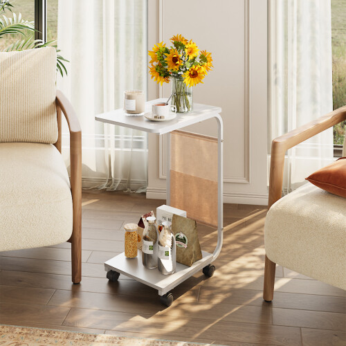 Living And Home C-Shaped Side Table with Storage Bag, White 1