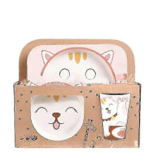 (Five.piece.set.with.box, Cat) Creative New Bamboo Fiber Kids Dinnerware Set Five Piece Set Kindergarten Baby