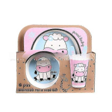 (Five.piece.set.with.box, Pink.Cow) Creative New Bamboo Fiber Kids Dinnerware Set Five Piece Set Kindergarten Baby