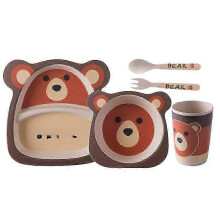 (Five.piece.set.with.box, Brown.bear.ears) Creative New Bamboo Fiber Kids Dinnerware Set Five Piece Set Kindergarten Baby