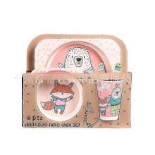 (Five.piece.set.with.box, Bear.Baba) Creative New Bamboo Fiber Kids Dinnerware Set Five Piece Set Kindergarten Baby