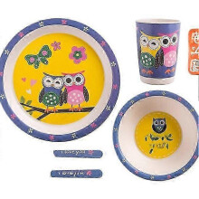 (Five.piece.set.with.box, Round.Owl) Creative New Bamboo Fiber Kids Dinnerware Set Five Piece Set Kindergarten Baby