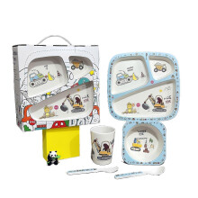 (Five.piece.set.with.box, Excavator.Gift.Box) Creative New Bamboo Fiber Kids Dinnerware Set Five Piece Set Kindergarten Baby