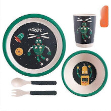 (Five.piece.set.with.box, Round.robot) Creative New Bamboo Fiber Kids Dinnerware Set Five Piece Set Kindergarten Baby