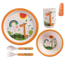 (Five.piece.set.with.box, Round.Giraffe) Creative New Bamboo Fiber Kids Dinnerware Set Five Piece Set Kindergarten Baby