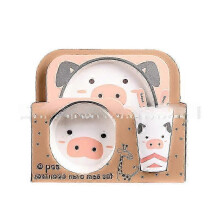 (Five.piece.set.with.box, Pink.Pig) Creative New Bamboo Fiber Kids Dinnerware Set Five Piece Set Kindergarten Baby