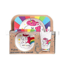 (Five.piece.set.with.box, Rainbow.Horse) Creative New Bamboo Fiber Kids Dinnerware Set Five Piece Set Kindergarten Baby
