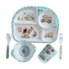 (Five.piece.set.with.box, Rectangular.Excavator) Creative New Bamboo Fiber Kids Dinnerware Set Five Piece Set Kindergarten Baby