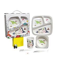 (Five.piece.set.with.box, Dinosaur.Gift.Box) Creative New Bamboo Fiber Kids Dinnerware Set Five Piece Set Kindergarten Baby