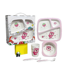 (Five.piece.set.with.box, Pink.Bear.Gift.Box) Creative New Bamboo Fiber Kids Dinnerware Set Five Piece Set Kindergarten Baby