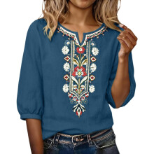 Bestickt für Damen-Ärmel, Baumwoll-Leinen-Hemden,-Marineblau XL