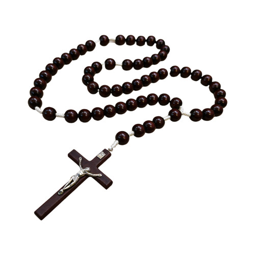 Collier Crucifix en perles de bois à longueur réglable, perles