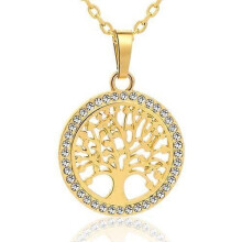 (Gold) Tree of Life Crystal Round Small Pendant Necklace Elegant Women Jewelry Necklace