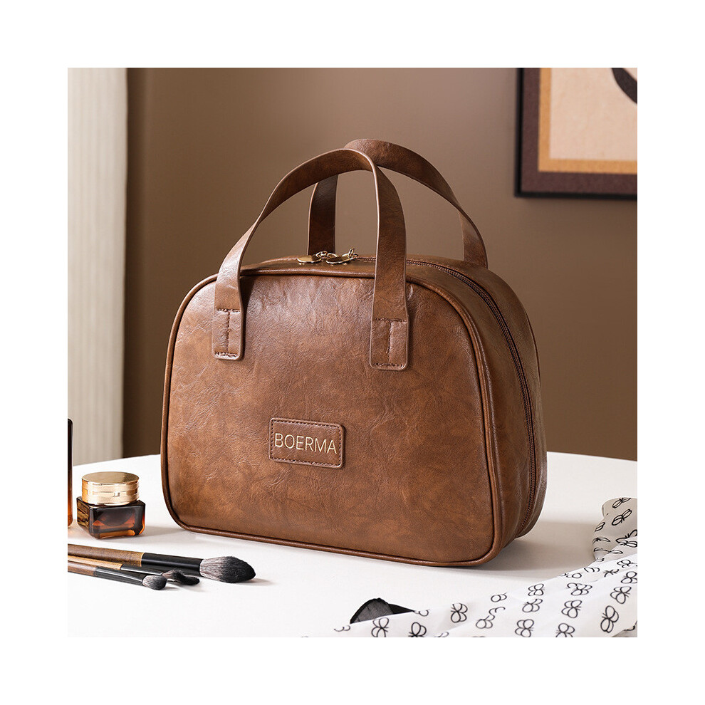 (Coffee) Pu Leather Retro Toiletry Organizer With Letter Pattern And Spacious Women For Interior