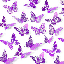 UCLEVER 48pcs 3D Butterfly Wall Stickers Purple Removable 4 Style 3 Sizes for Be