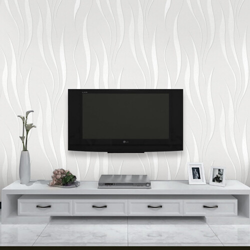 Trafagala White Embossed Wallpaper Non-Woven Wave Stripes Roll 3D Silver Glitter