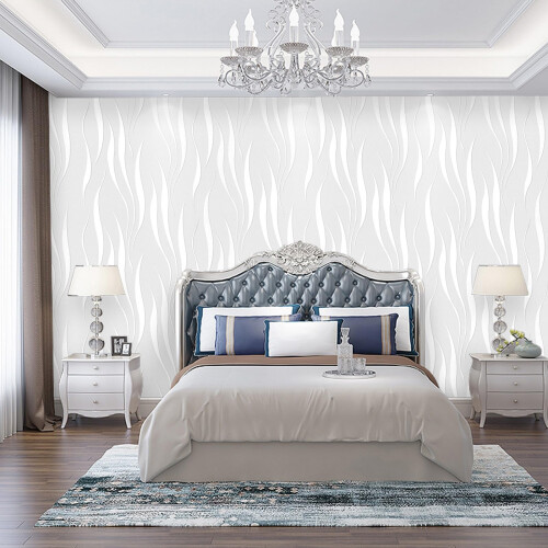 Trafagala White Embossed Wallpaper Non-Woven Wave Stripes Roll 3D Silver Glitter 1