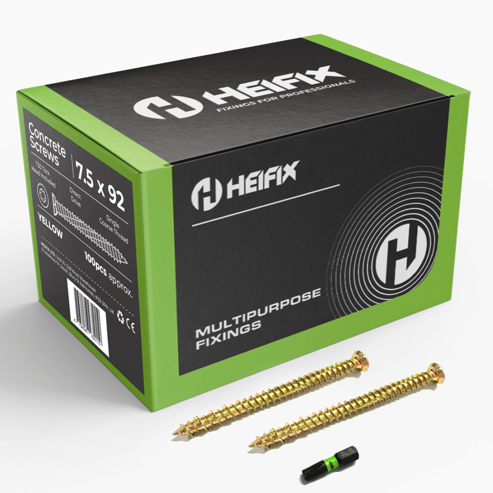 Heifix Carbon Steel Zinc-Plated Concrete Screws (Qty 100, 7.5Mm X 92Mm) Free T30 5009949490519