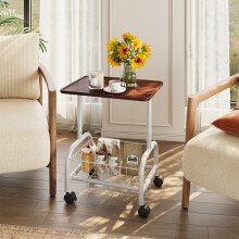 Mobile Side Table with Lower Basket, Walnut
