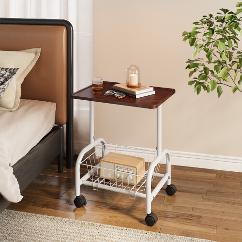 Living And Home Mobile Side Table with Lower Basket, Walnut 1