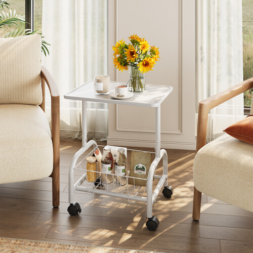 Living And Home Mobile Side Table with Lower Basket, White