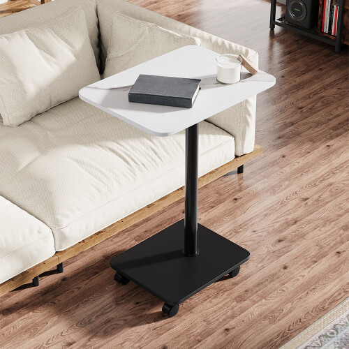 Living And Home C Shaped Side Table with Wheels, White Marble