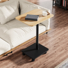 C Shaped Side Table with Lockable Wheels, Natural Wood