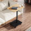Living And Home C Shaped Side Table with Lockable Wheels, Natural Wood 1