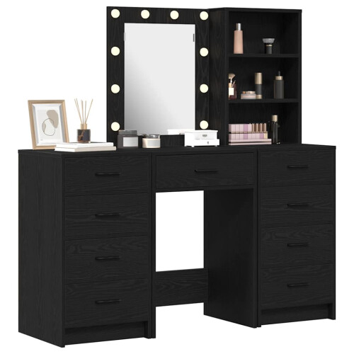 VidaXL vidaXL Dressing Table with Mirror Lights 3 pcs Black Engineered wood 1