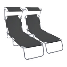 VOUNOT Set of 2 Folding Sun Lounger with Adjustable Backrest & Sunshade, Black
