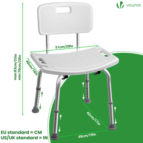 VOUNOT Adjustable Shower Stool w/Backrest Bath Seat Max Load 136 kg, White 2