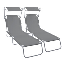 VOUNOT Set of 2 Folding Sun Lounger with Adjustable Backrest & Sunshade, Grey