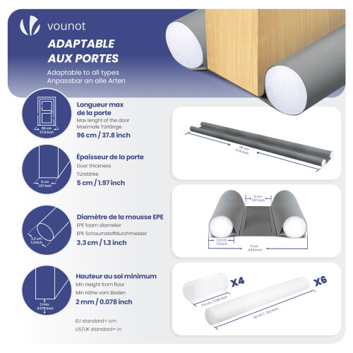 VOUNOT 2 Pack Double Sided Draught Excluder 96cm Under Door Draft Stopper, Grey 2