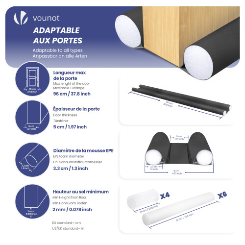 VOUNOT 3 Pack Double Sided Draught Excluder 96cm Under Door Draft Stopper, Black 2