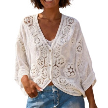 Casual Loose Fit Bohemian Blouse Crochet V Neck Design-White