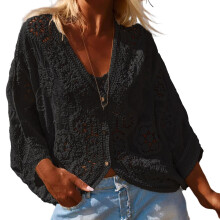 Oversized Crochet Lace Blouse Airy V Neck Tops For-Black