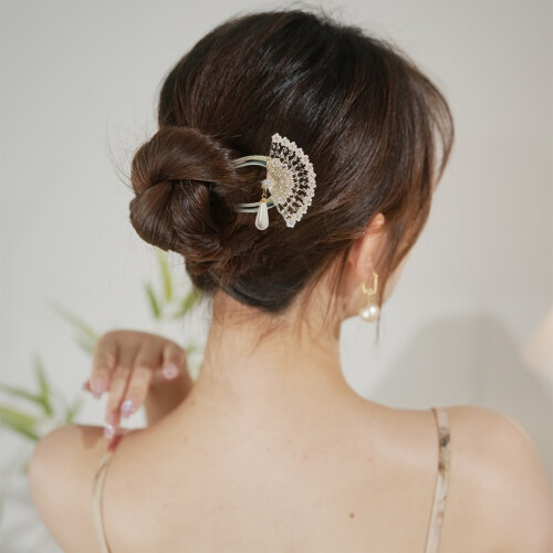 (U-shaped hairpin-841) Épingle Cheveux Perle Strass Style Chinois 2
