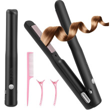2 in 1 Hair Curler & Straightener, Mini Cordless Hair Straightener with Ceramic Heating Plates, 4 Temp Control, USB Rechargeable Travel Styling Iron