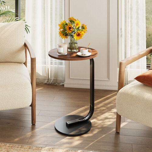 Living And Home 40cm Dia Walnut Wood Grain C-Shaped Round Side Table