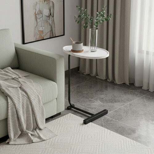 Living And Home C-Shaped Oval Grooved Side Table, White Marble 1