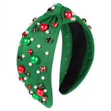 Christmas Headband for Women Pearl Knotted Headband Xmas Red Green Pearl Rhinestone Crystal Jeweled Hairband Green