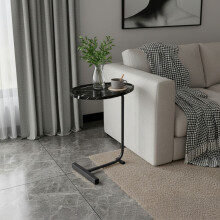 C-Shaped Oval Grooved Side Table, Black Marble