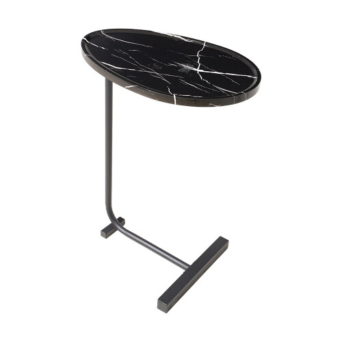Living And Home C-Shaped Oval Grooved Side Table, Black Marble 2