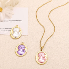 Set of 5 Antique Style Female Head Cameo Pendants-Pink