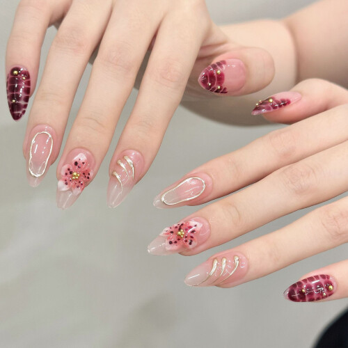(XS) 10x Rosa Mandel Press-On Nägel mit Blumen 2